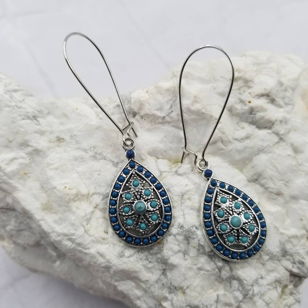 Turquoise Beads Teardrop Dangle Earrings Boho